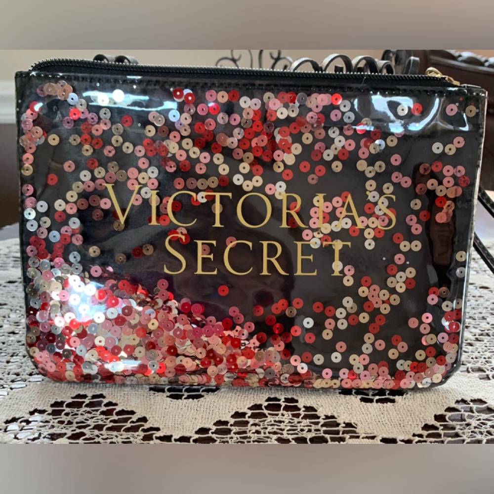 VICTORIAS SECRET black sequins zippered wristlet VVGUC
